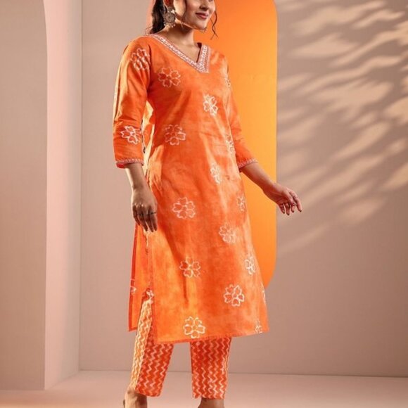 Orange & White Printed Kurta Set with Trousers & Dupatta – Cotton Blend S-2XL - Picture 5 of 7